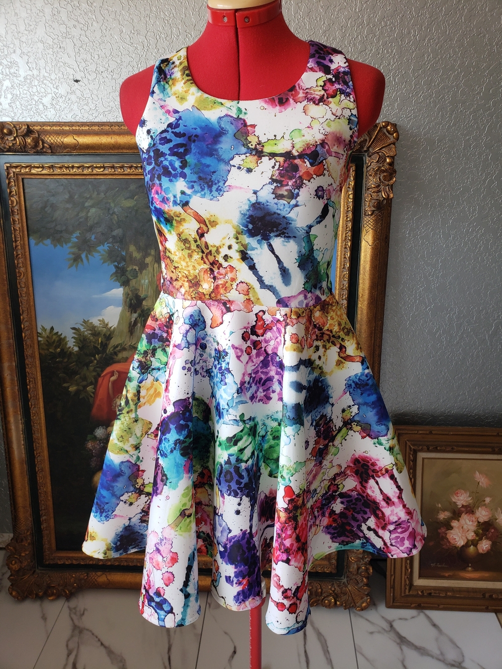 Multicolor Watercolor Scoop Neck Mini Dress